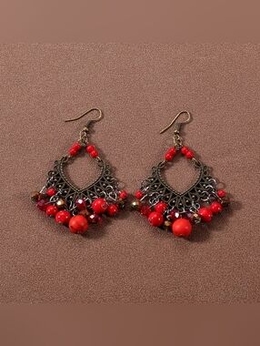 Vintage-Style Red Beaded Dangle Earrings